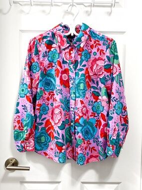 NWOT - Talbots Pink Floral Button-Up Shirt with Blue Accents